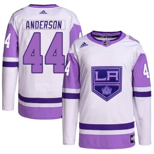 Los Angeles Kings Mikey Anderson Official White/Purple Adidas Authentic Youth Hockey Fights Cancer Primegreen NHL Hockey Jersey