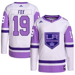 Los Angeles Kings Jim Fox Official White/Purple Adidas Authentic Youth Hockey Fights Cancer Primegreen NHL Hockey Jersey