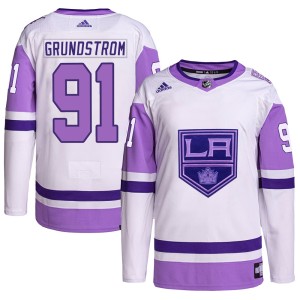 Los Angeles Kings Carl Grundstrom Official White/Purple Adidas Authentic Youth Hockey Fights Cancer Primegreen NHL Hockey Jersey