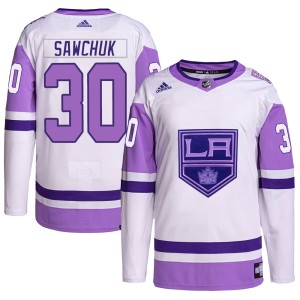 Los Angeles Kings Terry Sawchuk Official White/Purple Adidas Authentic Youth Hockey Fights Cancer Primegreen NHL Hockey Jersey